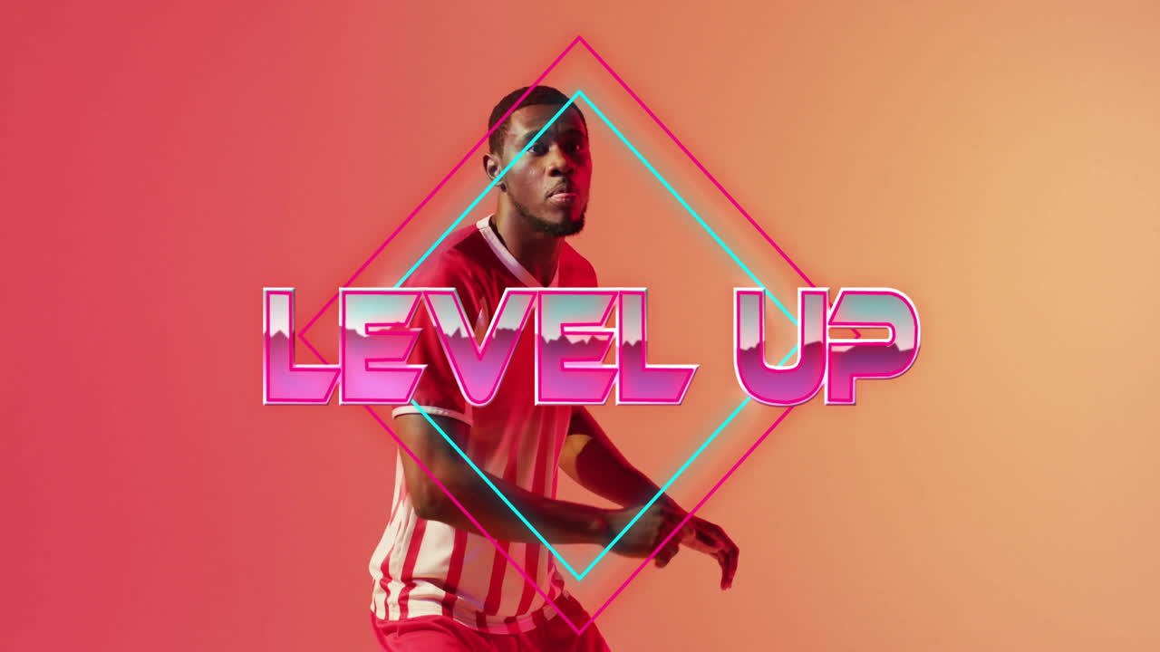 Animation of level up text, neon pattern african american football player