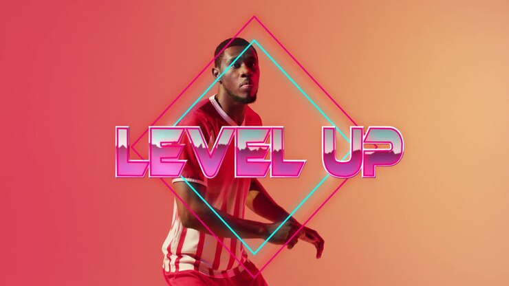 Animazione di testo "level up", motivo al neon, giocatore di football americano afroamericano