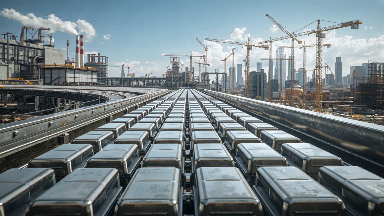 Advancing camera moving forward along elevated tracks, documenting metallic pods and cranes