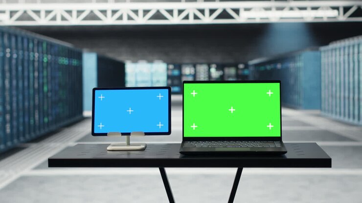 Isoleret skærmtablet og mockup laptop i datacenter, der udfører softwareopdateringer