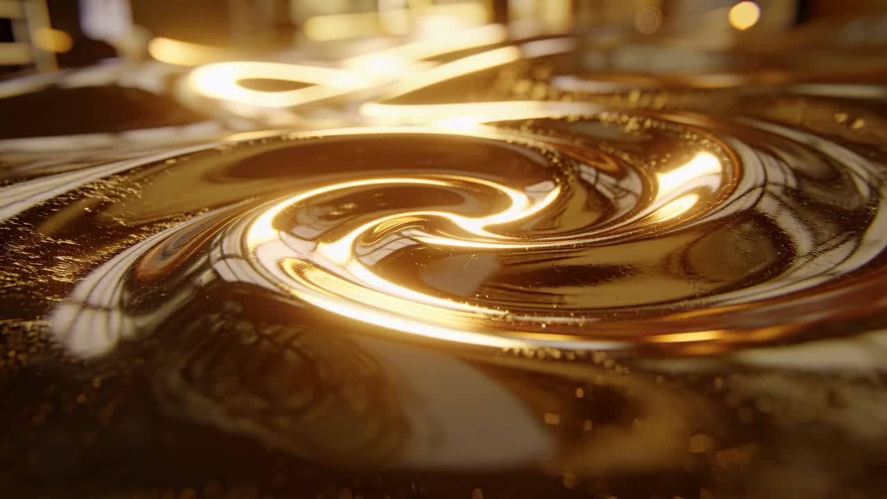 Vortice rotante di liquido dorato che si stringe a spirale in studio, mentre luci calde tracciano bagliori e puntini.