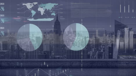 animation of statistical data processing over grid network against aerial view of cityscape