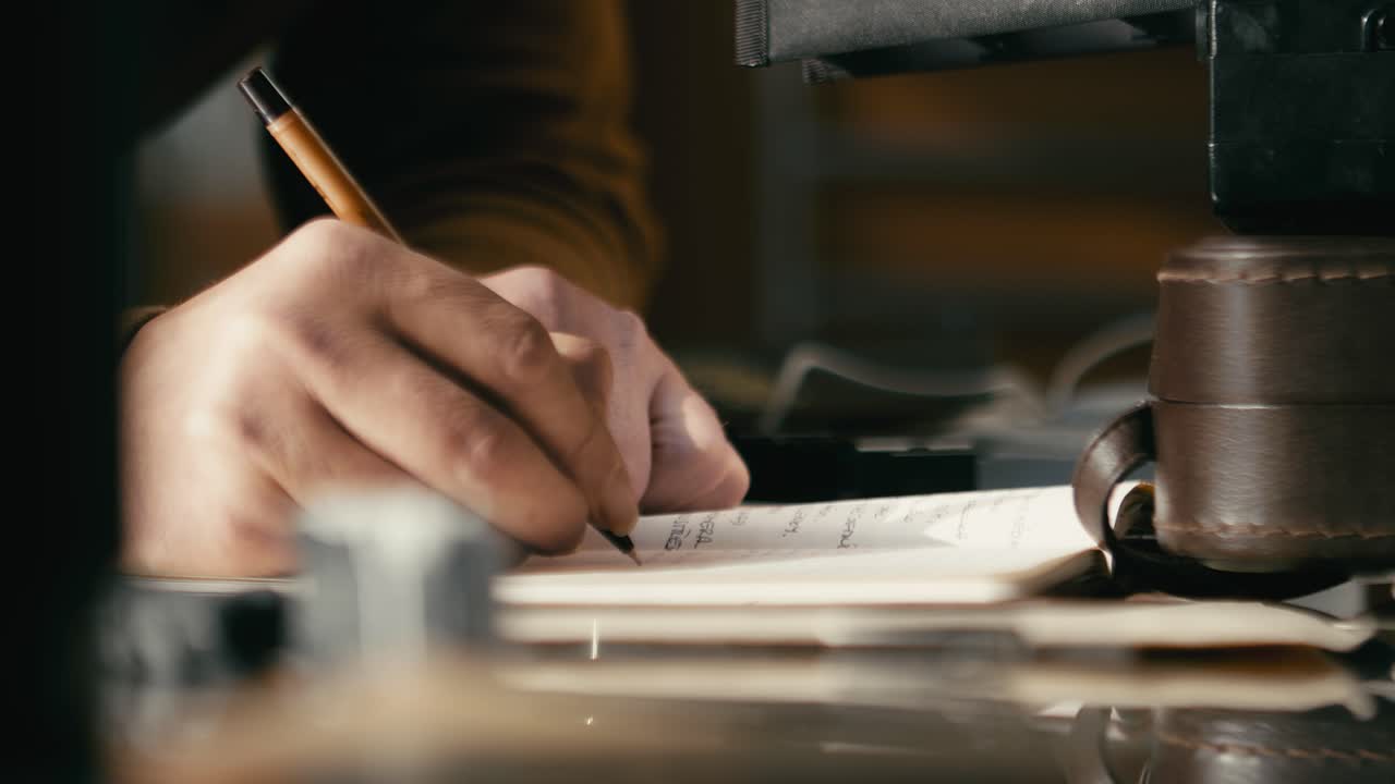 A man's hand writes notes in a notebook