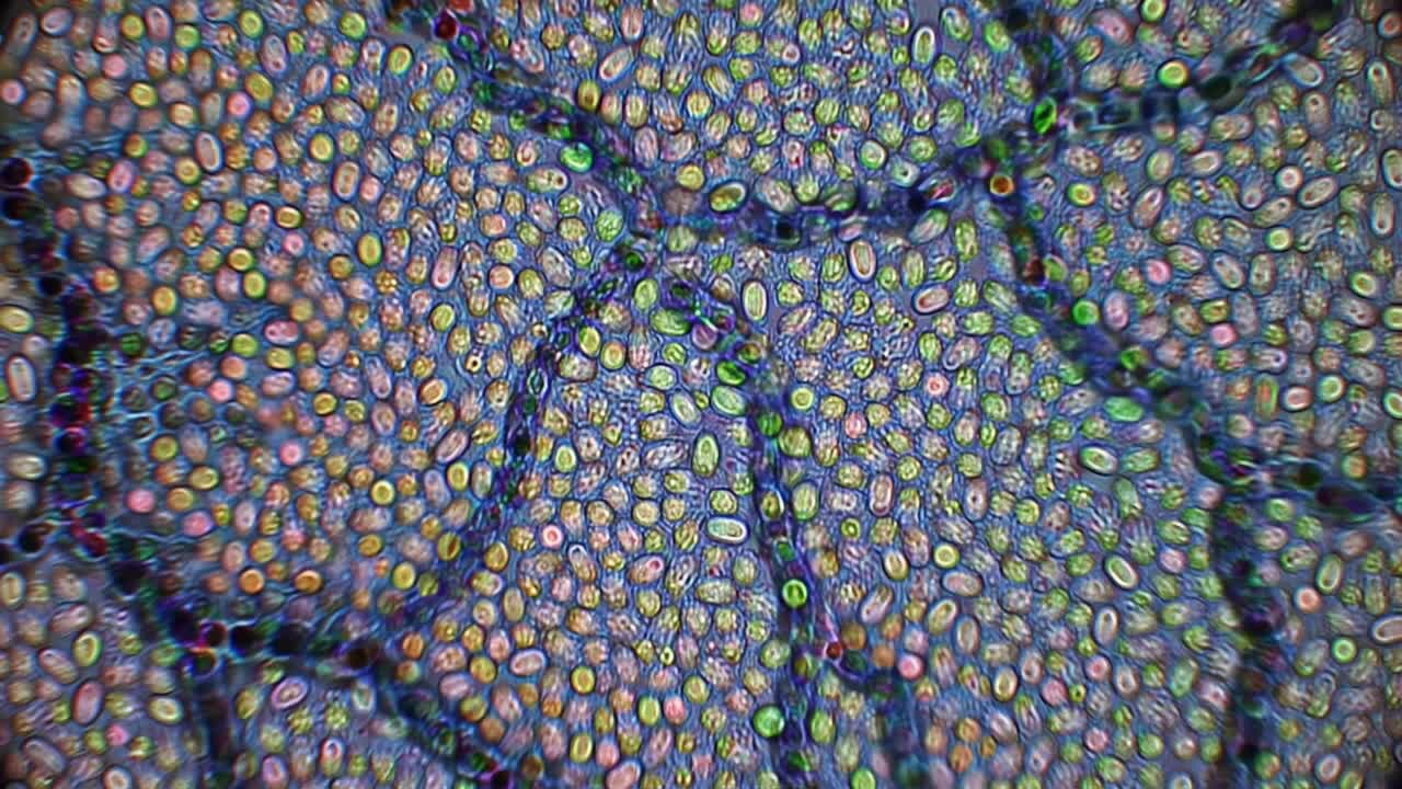 Witness the vibrant colors and unique arrangements of plant cells magnified through a microscope, revealing their complex structures and patterns in remarkable clarity.