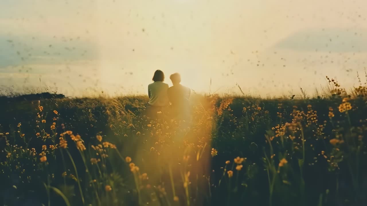A nostalgic video scene with a rear camera angle, capturing a couple sitting in a meadow