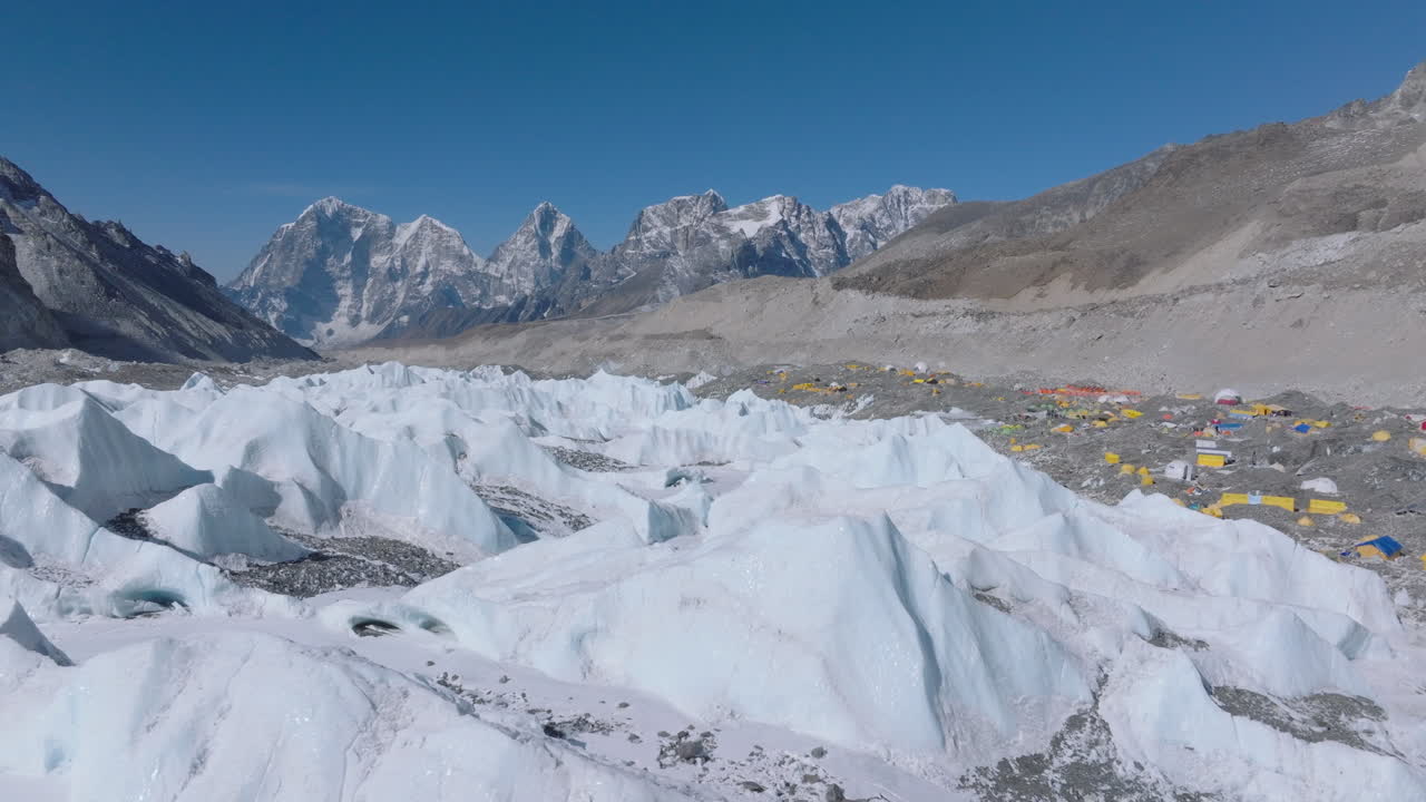 Aerial view of Everest Base Camp with snow peaks, Khumbu glaciers, climbers tents, and summit start point under clear blue sky landscape, dry lands with snow, layered mountain ranges Nepali adventure
