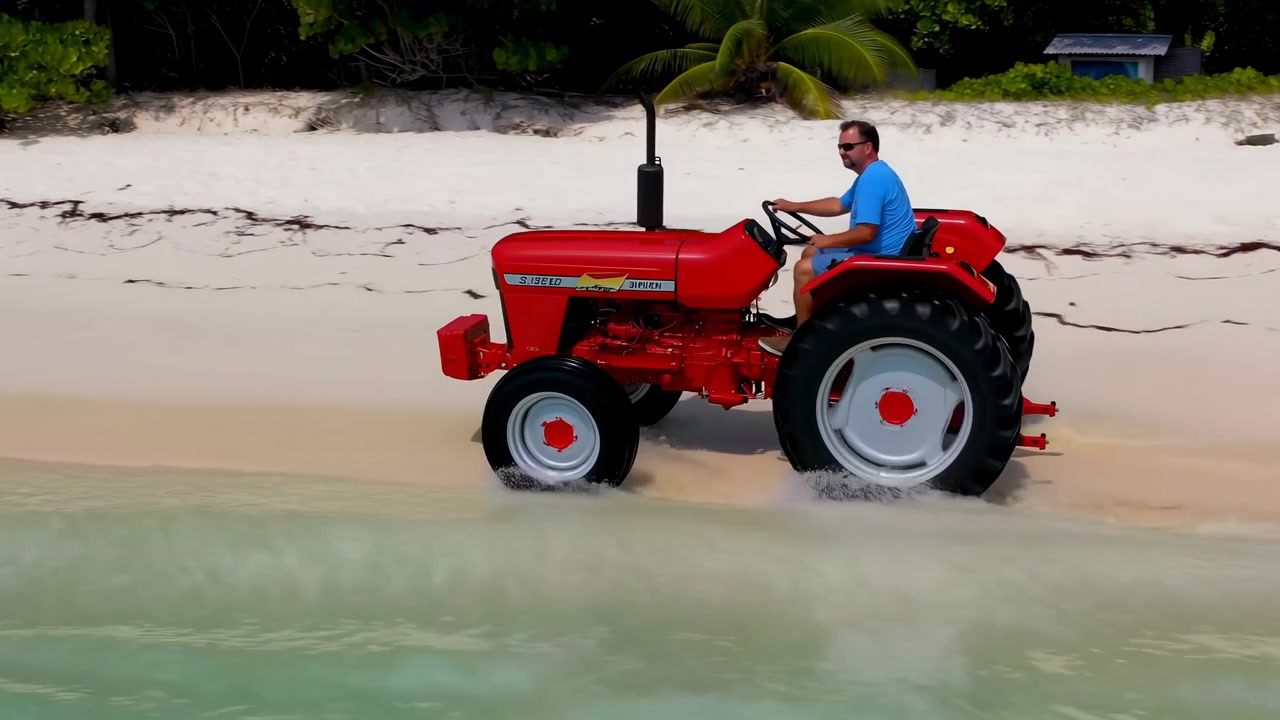 Un uomo guida tranquillamente un trattore rosso lungo una spiaggia sabbiosa, godendosi l'atmosfera rilassata e serena. La vista laterale cattura il vivace trattore rosso contro lo sfondo naturale della sabbia