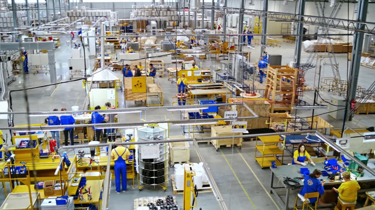 Industrial interior of factory building. Work technology assembly machine operations