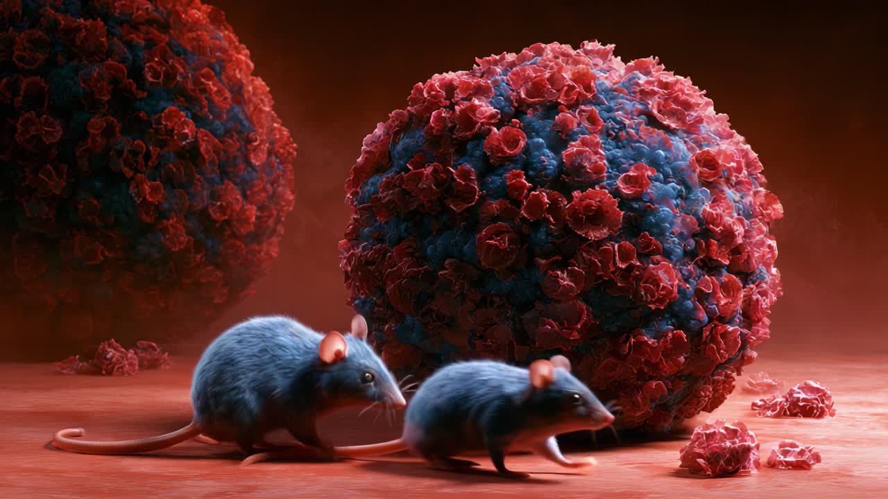 An Artistic Exploration of Microbiology: Two Mice Encounter a Colorful Cellular Structure Surrounded by Intricate Floral Textures in a Surreal Environment