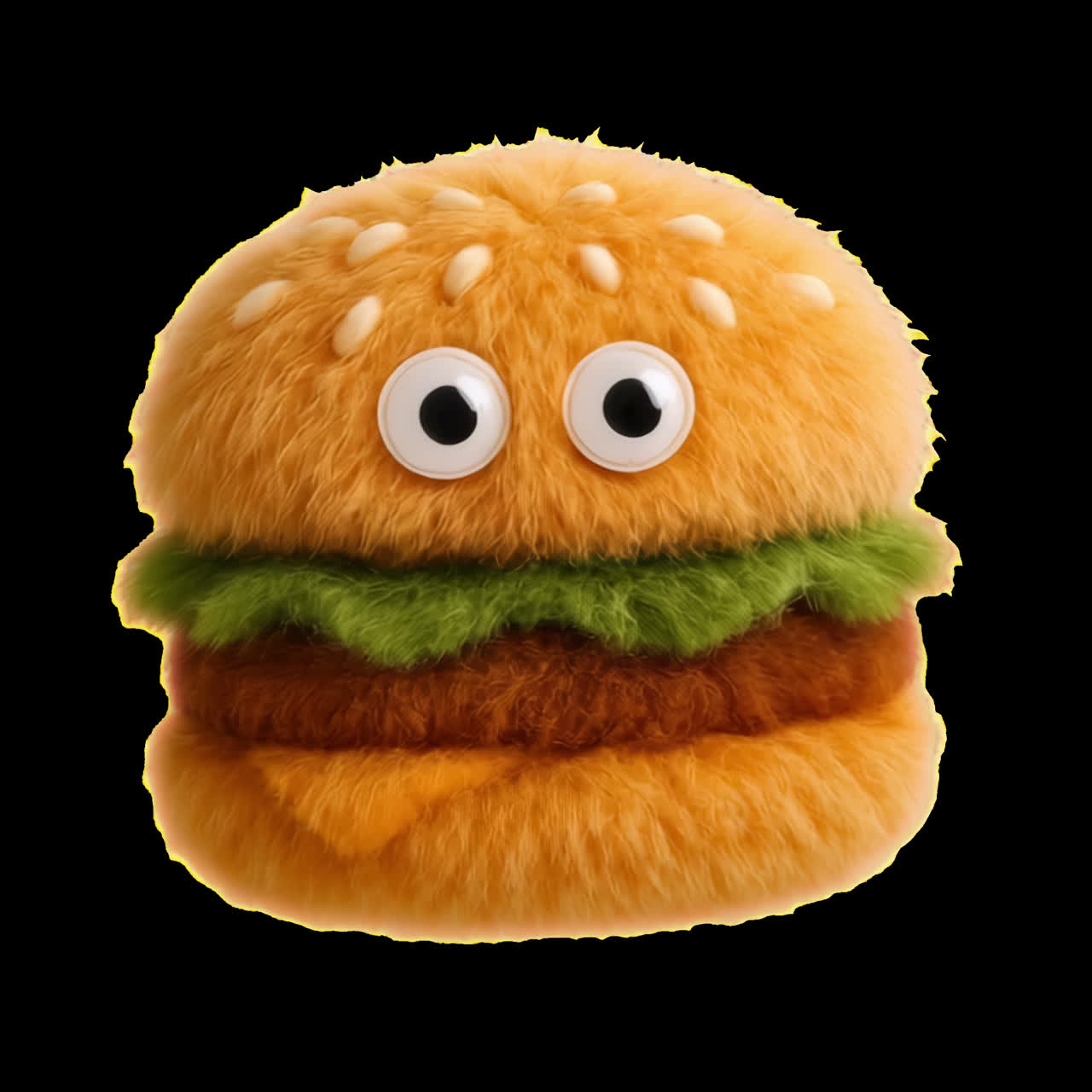 Cute fuzzy burger toy animation isolated asset, transparent 4K video, alpha channel, ProRes 4444