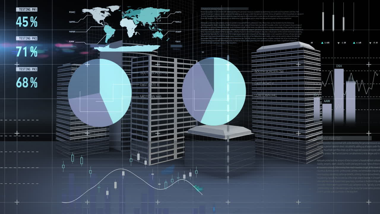 Animation of financial data processing over cityscape