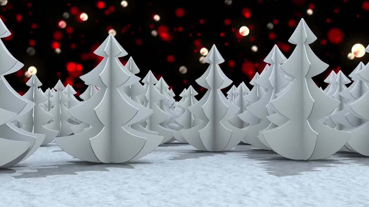 árboles múltiples en el paisaje de invierno contra manchas rojas de luz flotando sobre un fondo negro