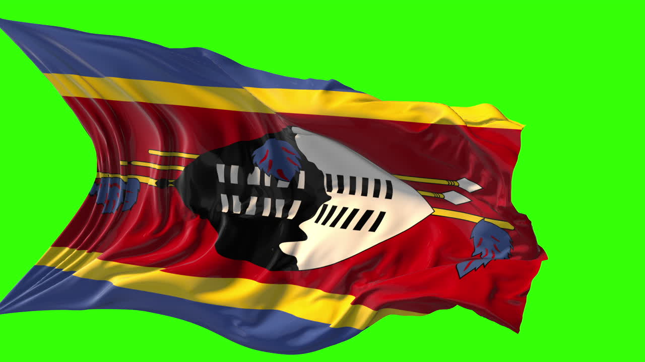 The national flag of Eswatini (formerly Swaziland) waving on a green screen background