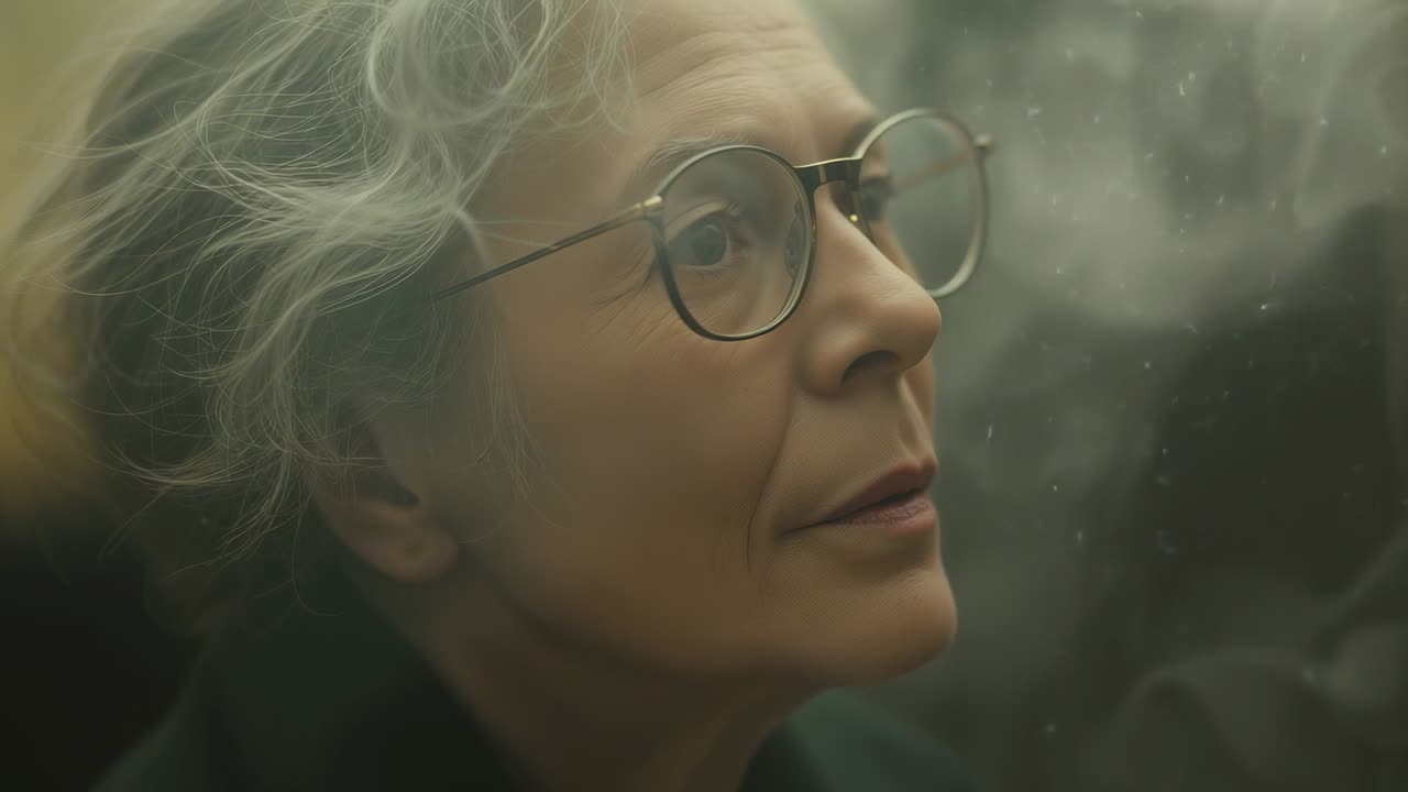 Reacting to fogging senior woman leaning forward on train, wearing dark coat and round glasses