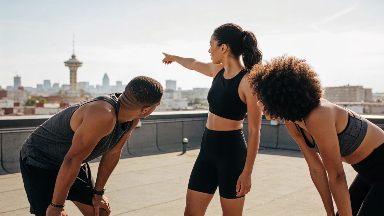 Une femme en tenue de sport noire, pointant du doigt, guide un couple haletant sur un toit vers une tour de la ville, avec un traqueur de poignet.