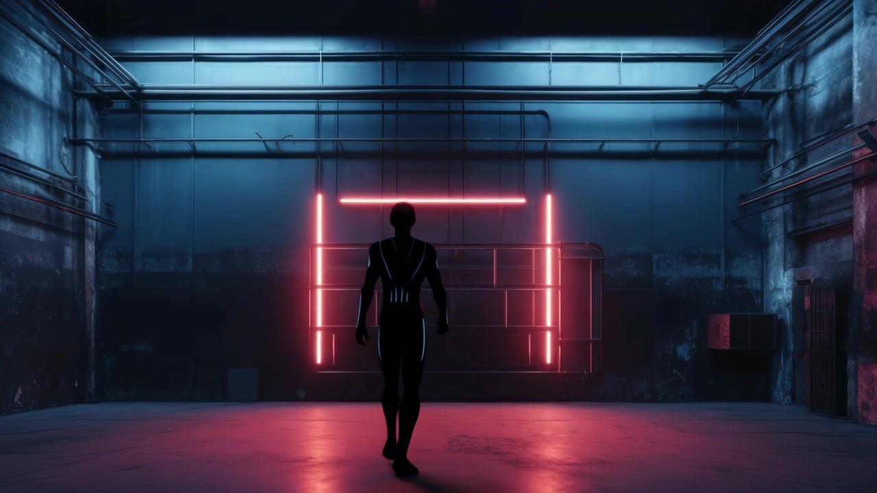 Figura futuristica si avvicina a una cornice al neon rossa luminosa in uno spazio industriale buio