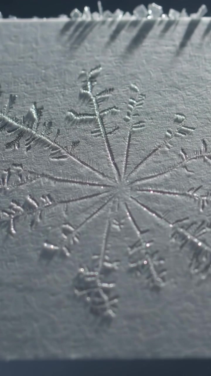 Video verticale: Luce radente che rivela un fiocco in rilievo su un tavolo di carta, cristalli che proiettano ombre.