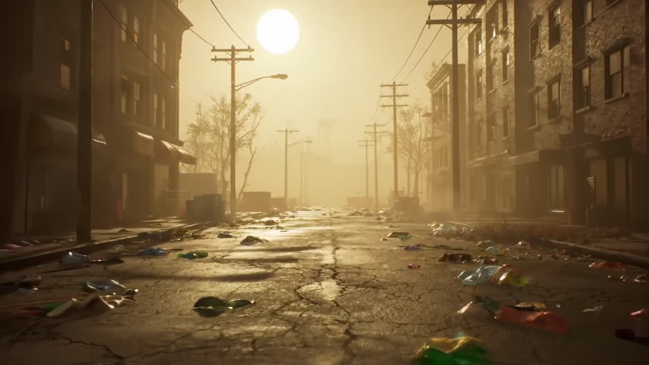 Desolate Urban Street at Sunset with Littered Pavement and Abandoned Buildings Capturing the Essence of Urban Decay and Environmental Neglect