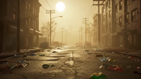 desolate urban street at sunset with littered pavement and abandoned buildings capturing the essence of urban decay and environmental neglect