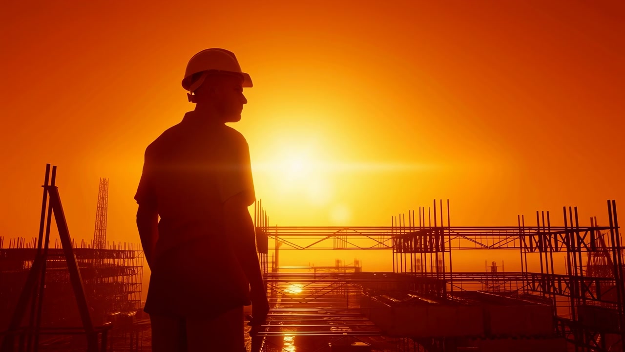 Um trabalhador da construção civil em silhueta, usando chapéu, está em um canteiro de obras inacabado com vergalhões, andaimes e chão molhado, brilhando na luz quente do pôr do sol.