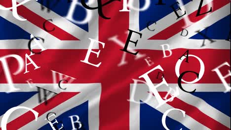 Animation-Von-Buchstaben,-Die-Sich-über-Die-Britische-Flagge-Bewegen