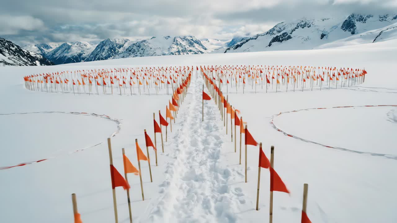 Walking Path Marked by Red and Orange Flags in Snowy Mountain Landscape