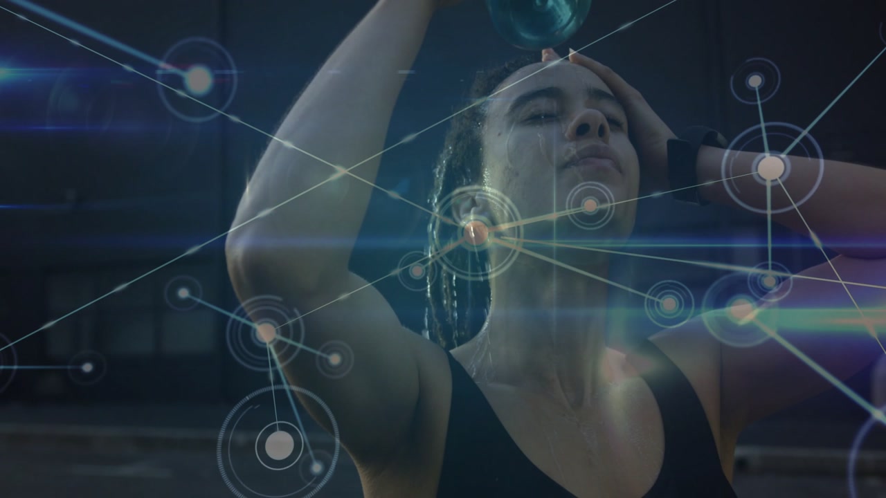 Woman athlete raising bottle, pouring water in gym, HUD nodes growing over face hydrating steadying