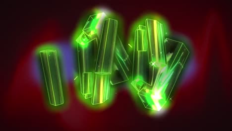 animation of glowing green metallic rods floating on dark red background