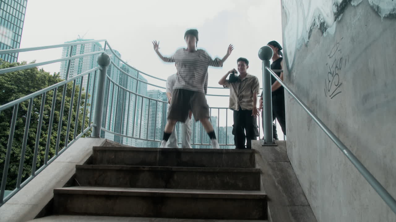 Persone asiatiche che ballano hip hop sulle scale all'aperto