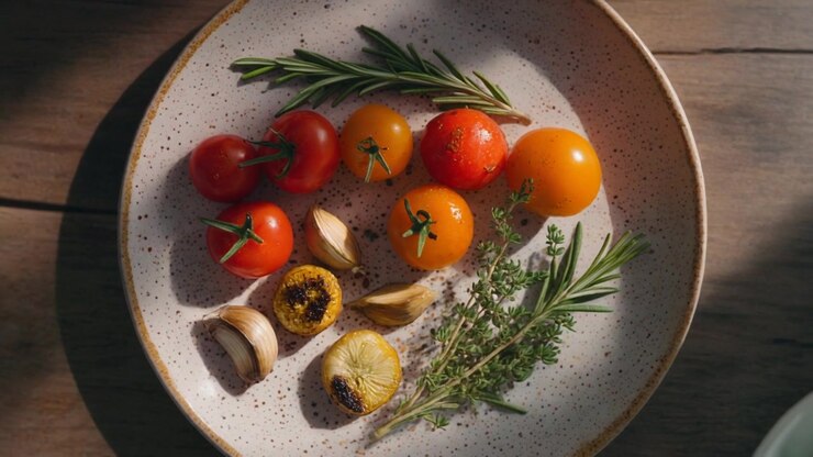 Pomodorini freschi con aglio ed erbe aromatiche su un piatto di ceramica