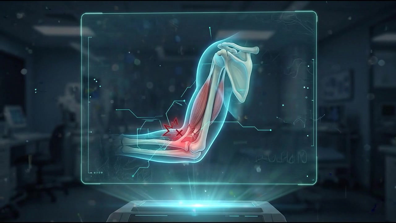 Holographic bent arm with intense red elbow inflammation in clinical visualization