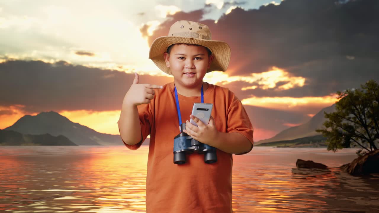 Asian Boy With A Hat And Binoculars Smiling And Pointing To Smartphone At A Lake. Boy Researcher Examines Something, Travel Tourism Adventure Concept