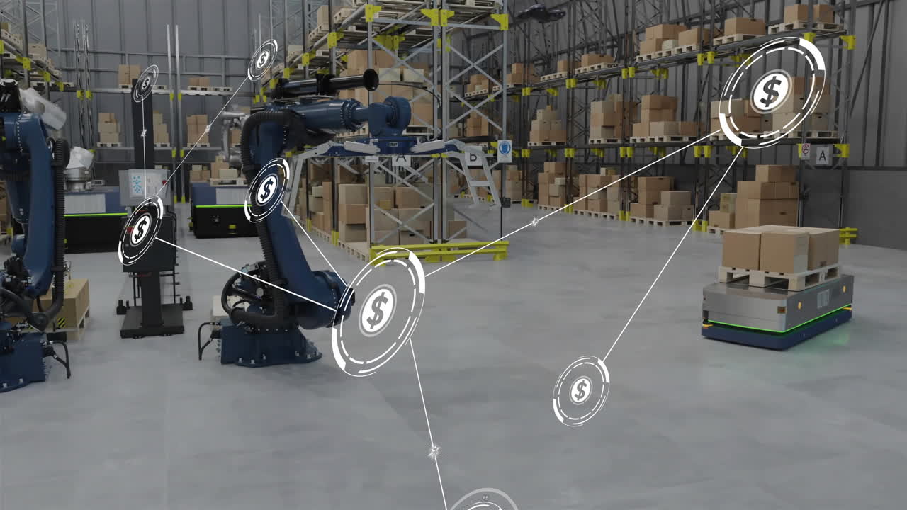 Animation of network of connections with icons over robot in warehouse