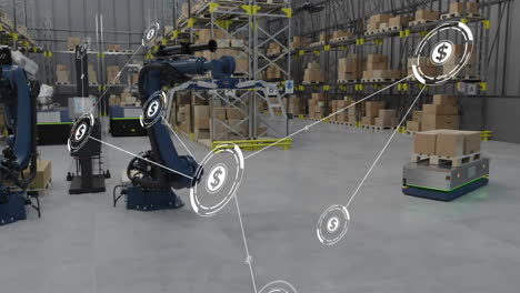 animación de la red de conexiones con iconos sobre el robot en el almacén