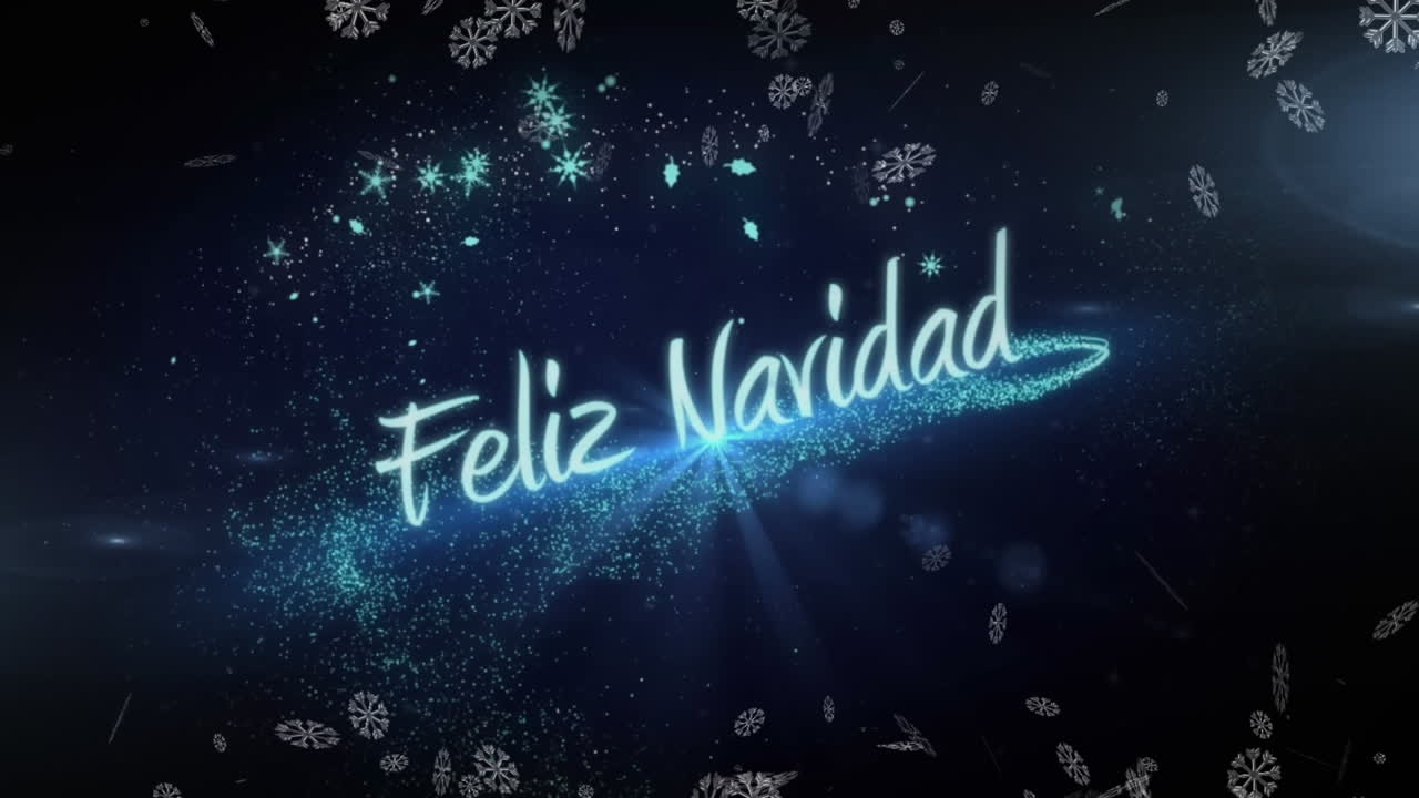 animación de texto de feliz navidad y copos de nieve cayendo sobre fondo azul