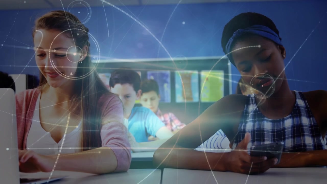 Animation of network of connections over african american girl using smartphone at school