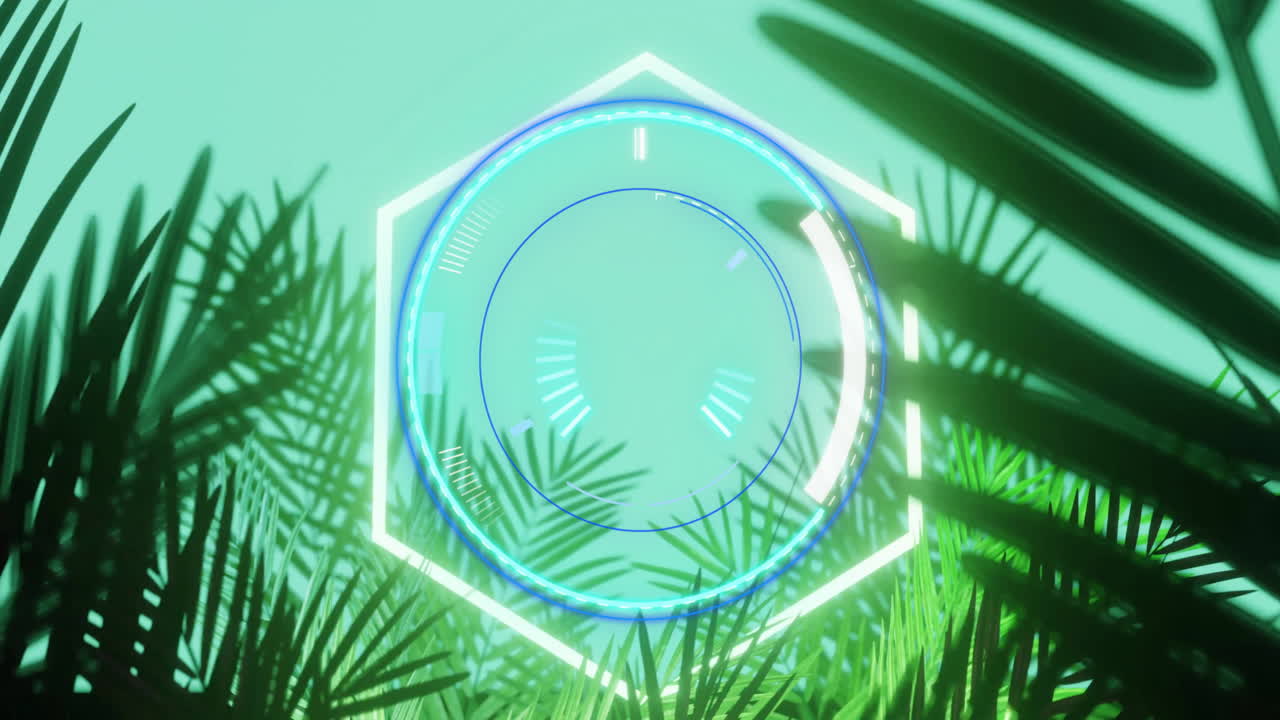 Futuristic digital interface animation over tropical leaves and green background