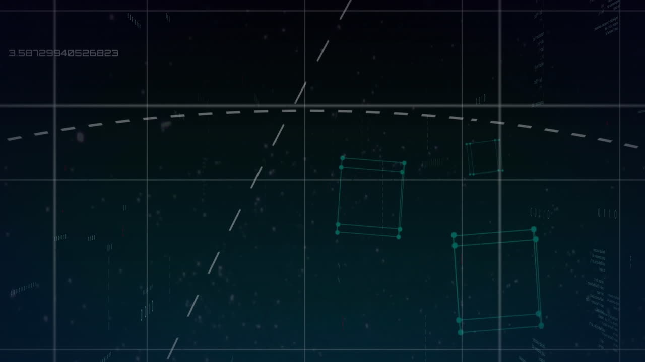 Animation of data processing over grid on dark background