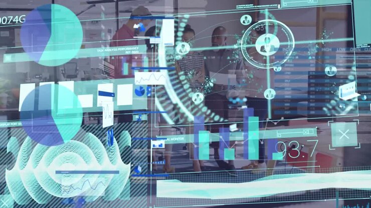 Animation of diverse data processing on digital screen over diverse businesspeople in office