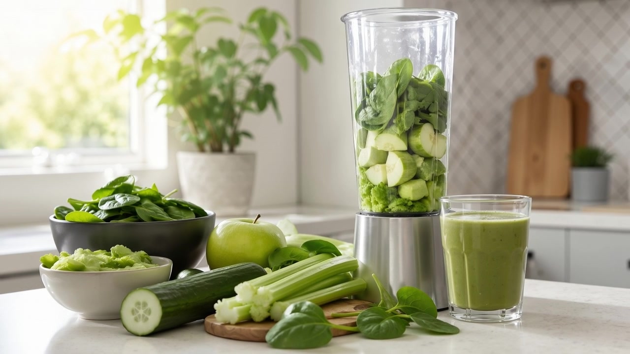 Ingredienti freschi e verdi all'interno di un frullatore accanto a un bicchiere di frullato salutare su un piano di lavoro della cucina.