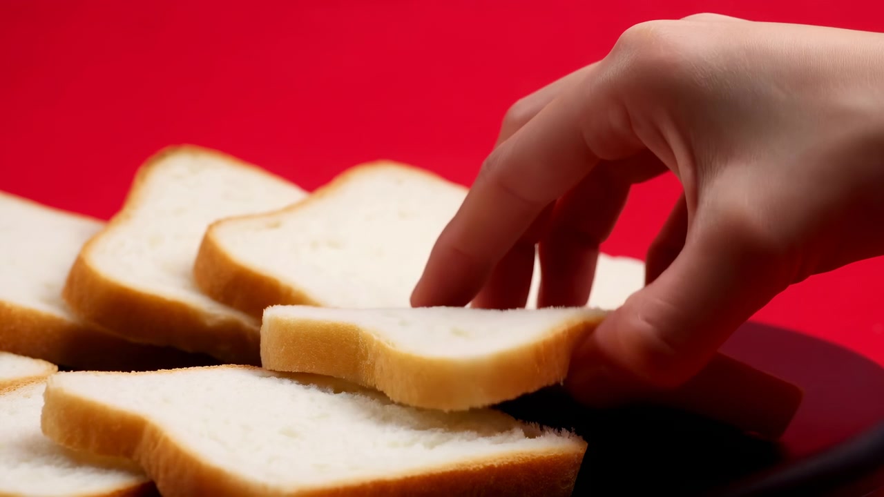 Several white bread slices rest on dark plate as a hand enters from upper right, pinches one slice near its crust, then raises it above remaining bread against bright red backdrop.