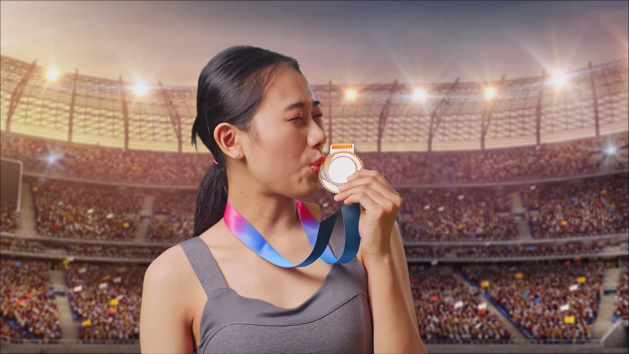 Close Up Of Asian Woman Kissing A Gold Medal In Her Hand Being Proud Winning As The First Winner At The Stadium