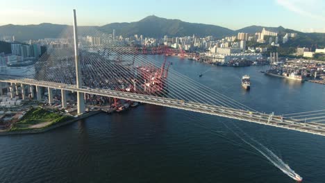 Hong-Kong-bay-Stonecutters-bridge-and-commercial-port,-Aerial-view