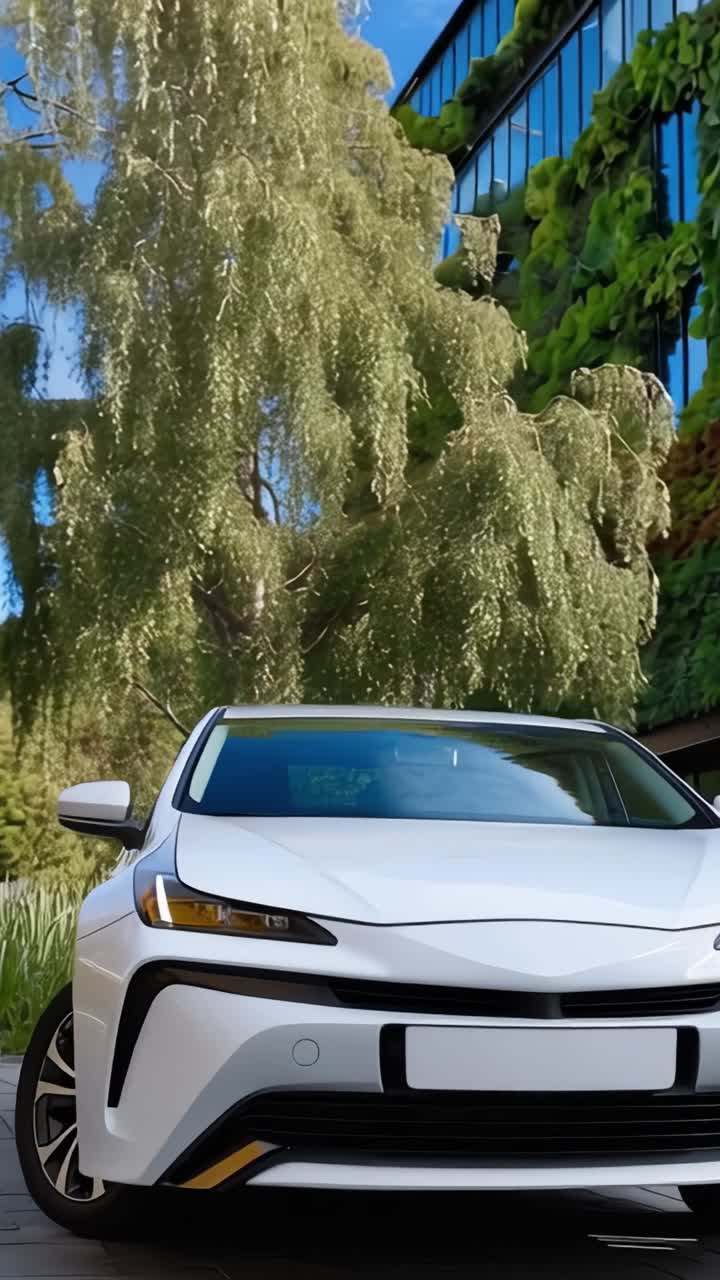 Un elegante coche blanco estacionado en un entorno de vegetación urbana, rodeado de plantas exuberantes y arquitectura moderna, mostrando una armoniosa mezcla de naturaleza y tecnología.