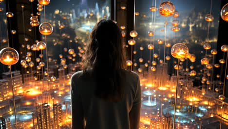exploring a futuristic city from a high vantage point at night