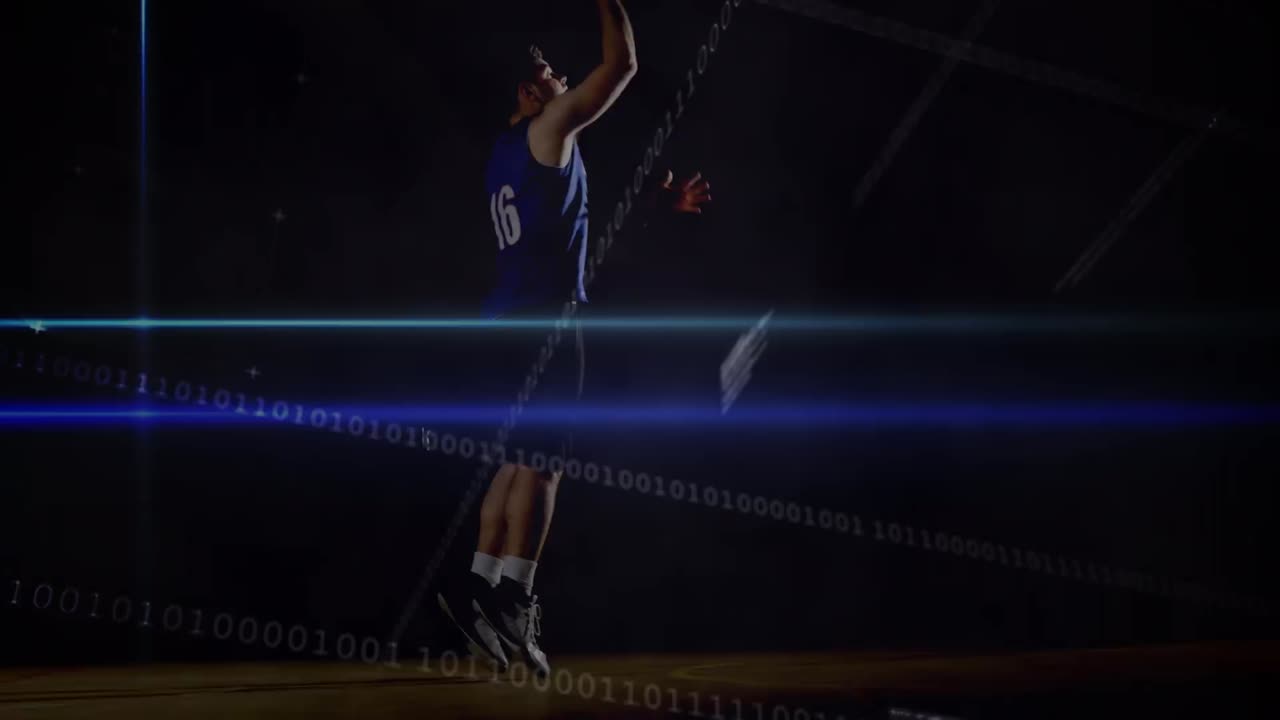 animación de procesamiento de datos y senderos de luz sobre jugador de baloncesto biracial