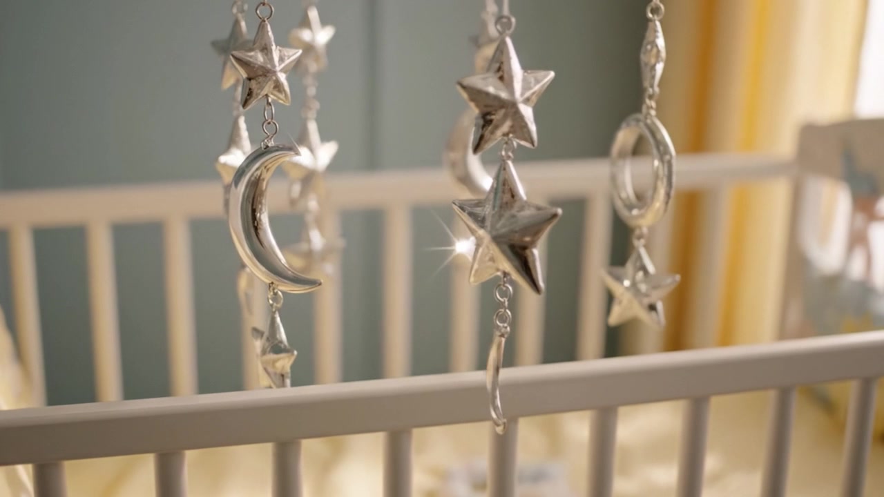 Enchanting Mobile of Silver Stars and Moons Hanging Over a Baby Crib, Creating a Dreamy Atmosphere for a Nursery