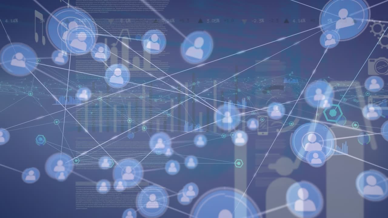 Animation of statistical data processing and network of profile icons against blue background