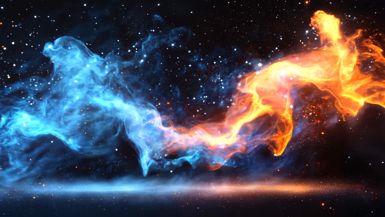 A blue and orange flame is shown in the sky. The blue and orange colors are contrasting and create a sense of movement and energy. The image evokes a feeling of excitement and wonder