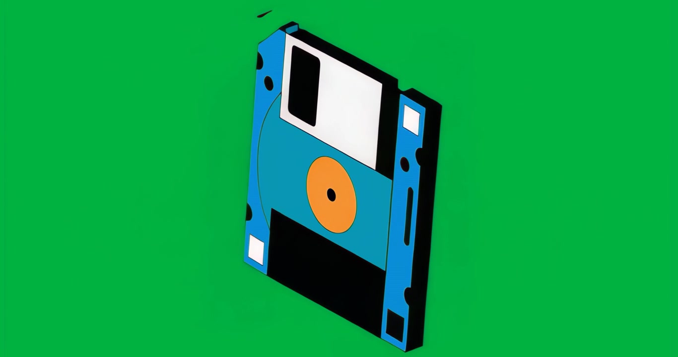 Floppy disk appearing on transparent backdrop rotating clockwise revealing edge reversing front